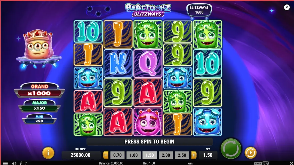 Personagens alienígenas coloridos e interface futurista do slot Reactoonz Blitzways