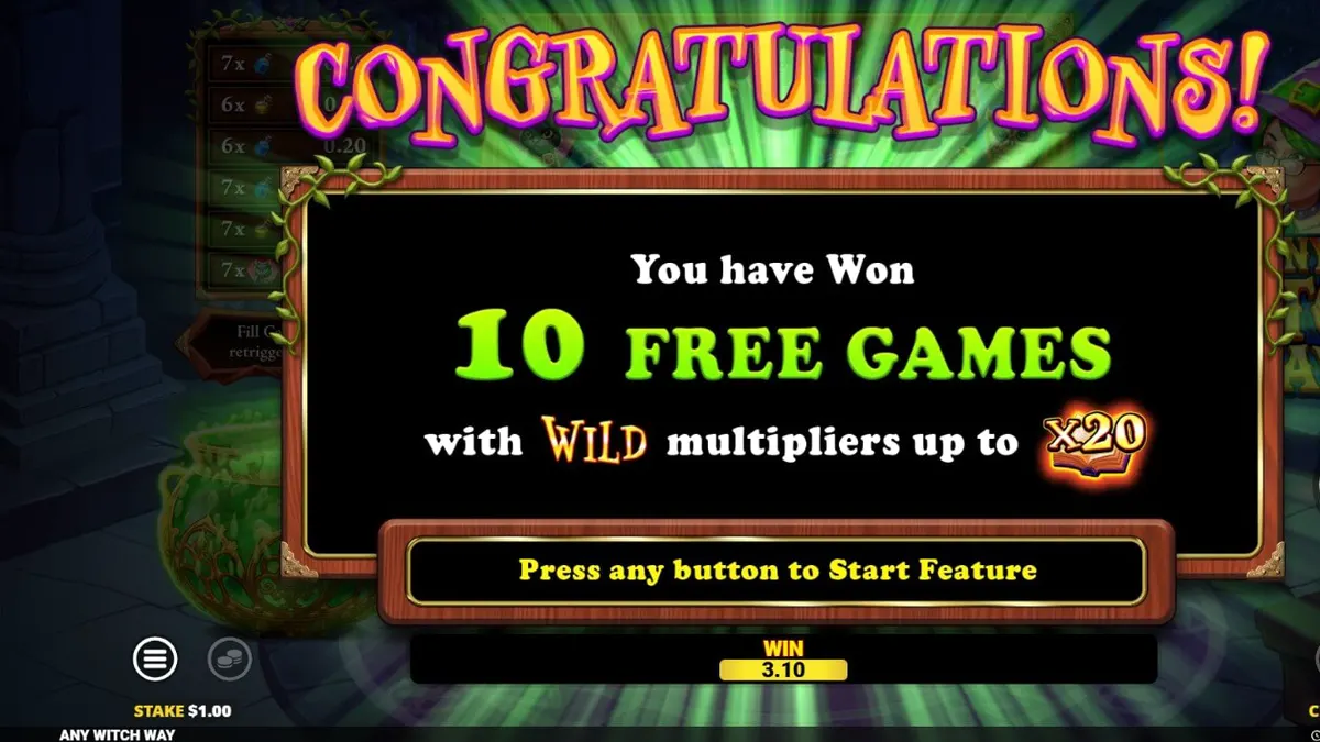 Interface mágica do slot Any Witch Way com caldeirão e símbolos temáticos